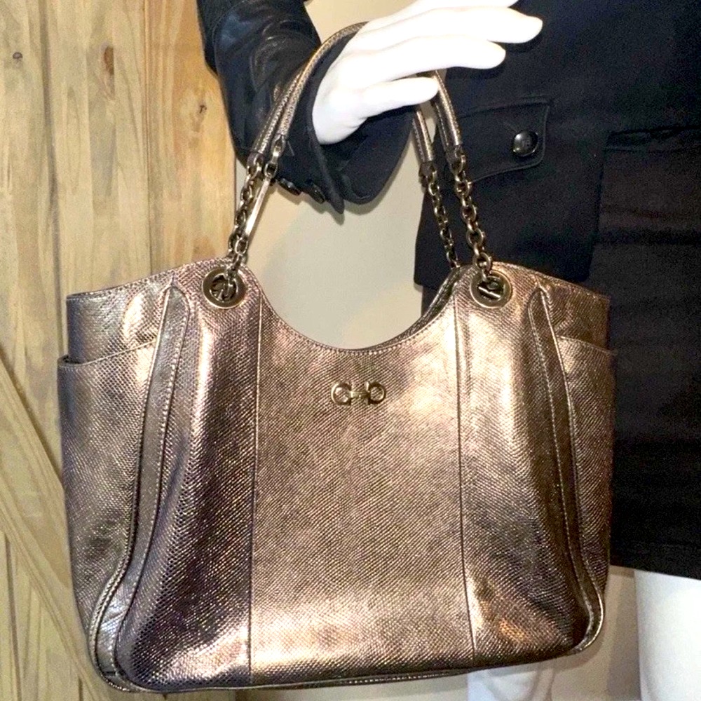 New Salvatore Ferragamo Genuine Exotic Large Lizard Skin Handbag